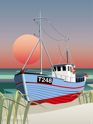 Vorupør plakat. Fiskekutter på stranden. Tegnet grafisk